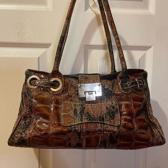 Unbranded Vera Pelle genuine leather croc print embossed shades of brown Satchel - Picture 2 of 14